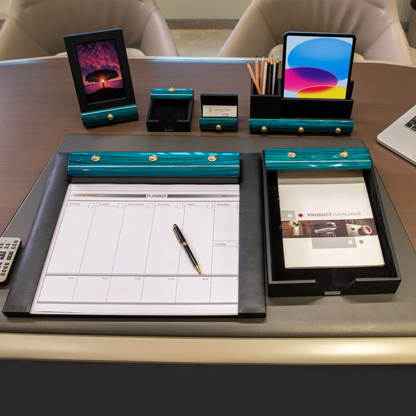 Wood Leather Luxury Desktop Planner Set IV | Color - Teal Blue Black