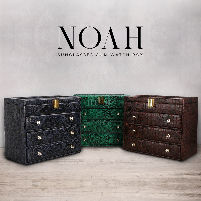 NOAH | Watch & Sunglass Organizer Box | 100% Premium Leather | Can Hold 6 Sunglasses & 8 Watches | Color: Blue, Green & Brown