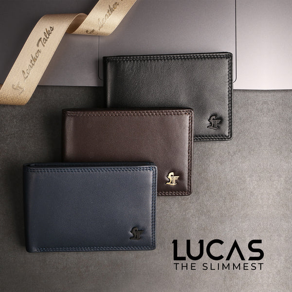 Lucas Bifold Slim Wallet | Original Leather Wallet for Men | 100% Genuine Leather | Color: Brown, Black & Blue