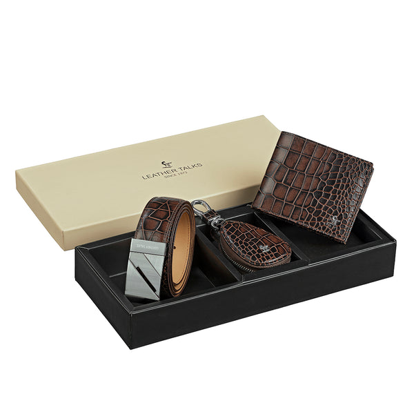 Set of III Gift Set Men's Croco Belt, Wallet & Prime Key Pouch - Premium Leather Accessories | Color- Brown