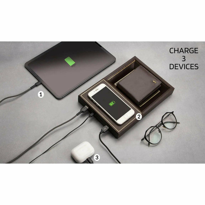 LT Smart Valet Tray 2.0 with wireless charging and power bank 10000 mAh | Dairy with Power Bank | Color: Brown