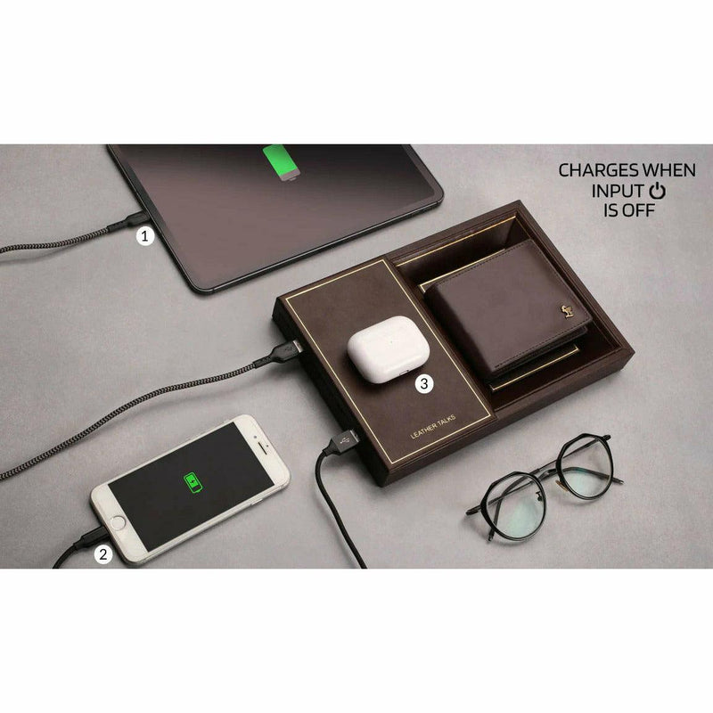 LT Smart Valet Tray 2.0 with wireless charging and power bank 10000 mAh | Dairy with Power Bank | Color: Brown