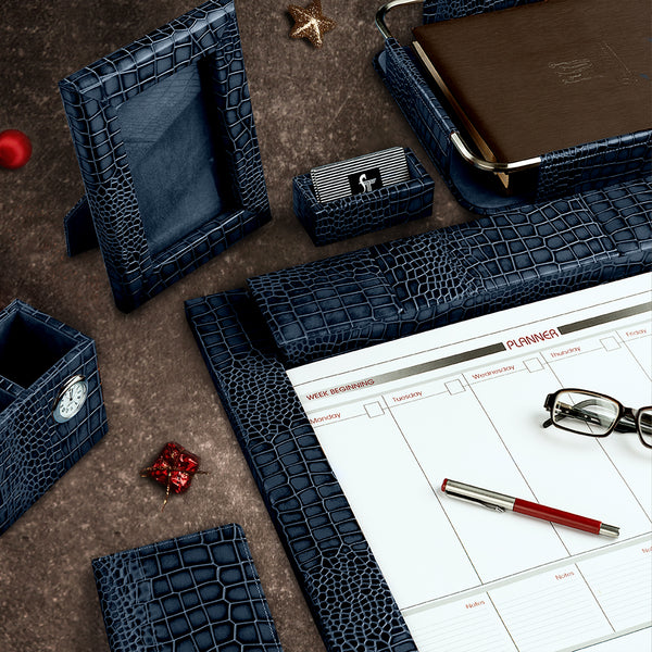 Corporate New Year Gift | Desktop Planner Set I | Office Table Accessories | Croco Embossed Genuine Leather | Color- Blue