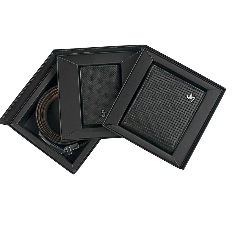 Set of III Gift Set Men's Belt, Wallet & Card Case - Premium Leather Accessories | Color- Black