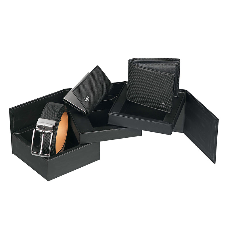 Set of III Gift Set Men's Belt, Wallet & Card Case - Premium Leather Accessories | Color- Black