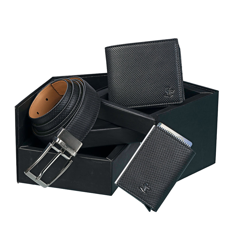 Set of III Gift Set Men's Belt, Wallet & Card Case - Premium Leather Accessories | Color- Black