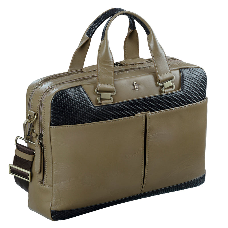 Fortune Series | Leather Portfolio Bag for Men | Double Zipper Laptop Bag | 100% Genuine Leather | Color: Beige