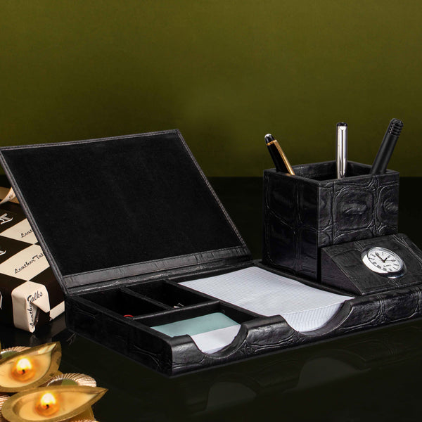 Luxury Corporate Diwali Gift | Desktop Accessory Set I | Leather Desk Organizer | Leather Desk Accessories | Office Desk  - Crocotail Black