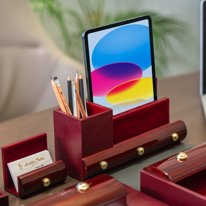 Wood Leather Desktop Planner Set I Color - Cherry Cherry