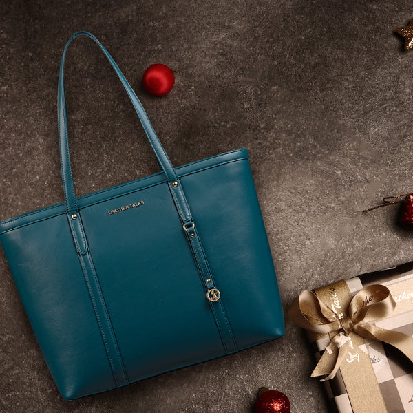 Ready to Ship Luxury Corporate Gift - Elegant Tote Bag For Woman | Genuine Leather Handbag for Ladies | Ideal For Office & Travel | Color: Teal Blue