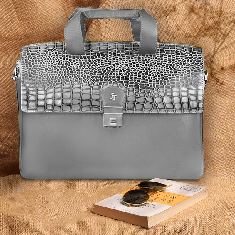 Ruvido Ii | Leather Portfolio Bag | 100% Genuine Leather | For Office Use | Colour - Grey