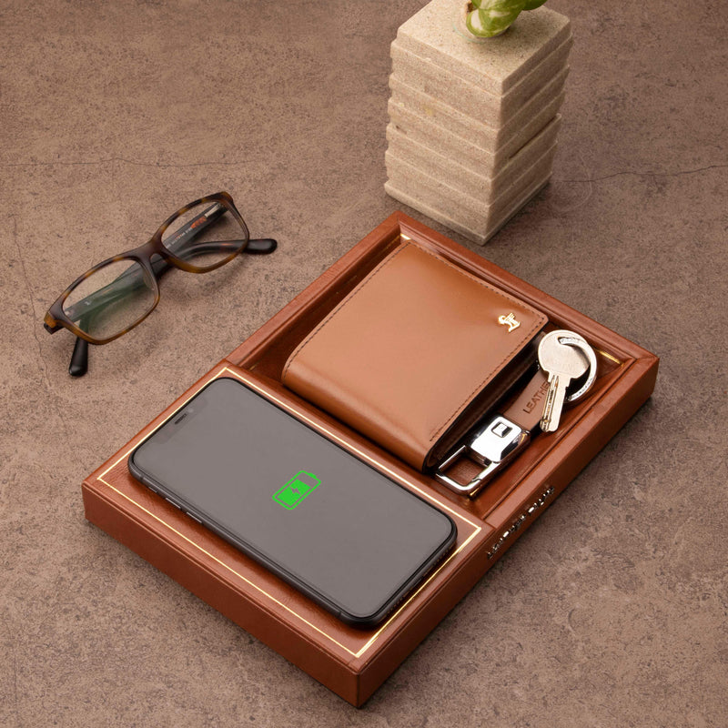 Leather Smart Valet Tray With Wireless Charging | Color: Tan