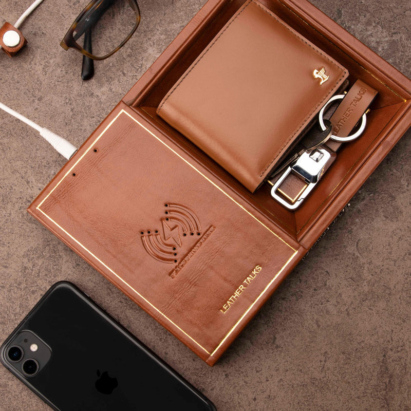 Leather Smart Valet Tray With Wireless Charging | Color: Tan