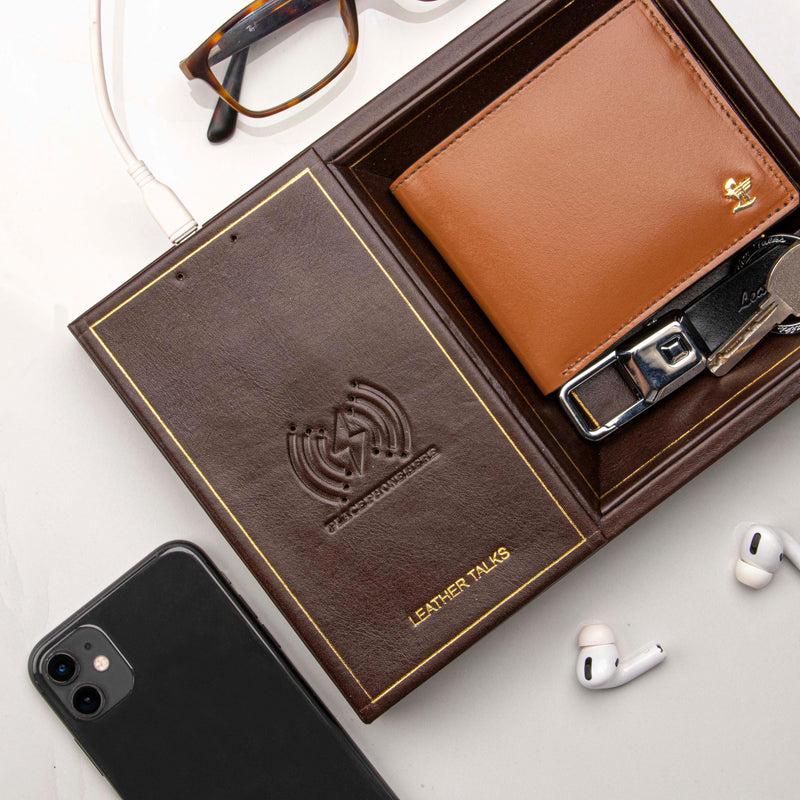 Leather Smart Valet Tray With Wireless Charging | Color: Brown