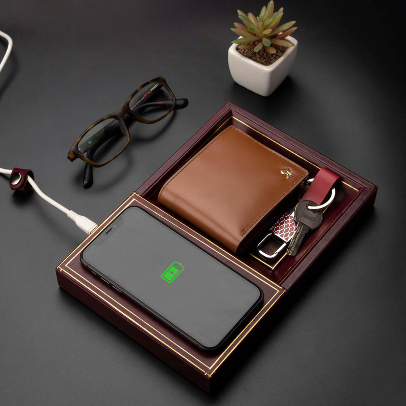 Leather Smart Valet Tray With Wireless Charging | Color: Cherry