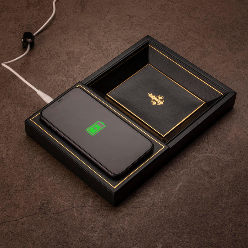 Leather Smart Valet Tray With Wireless Charging | Color: Black