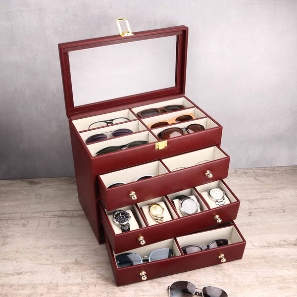 NOAH Sunglass Cum Watch Box | Watch Box | Sunglass Box | 100% Genuine Leather Wrist Watch Case| Hold 24 Slot Watch Box | 6 Slot Sunglasses | Customised your tray | Luxury Watch Case with Display Sunglasses | Color: Cherry