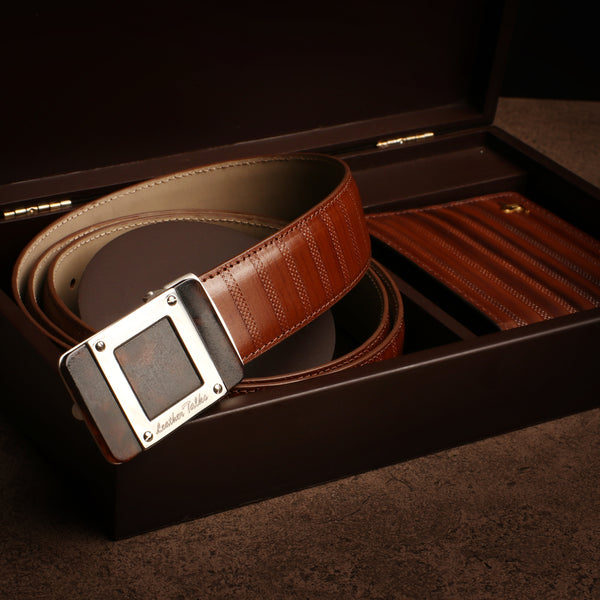 Premium Italian VT Stripe Leather Wallet & Belt Set | Luxury Genuine Leather Belt For Men |  Wallet for Men | Colour: Brown