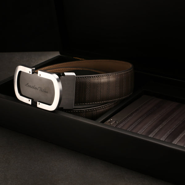 Premium Italian VT Stripe Leather Wallet & Belt Set | Luxury Genuine Leather Belt For Men |  Wallet for Men | Colour: Grey