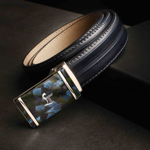 Italian VT Stripe Belt  | Luxury Genuine Leather Belt For Men  | Color: Blue