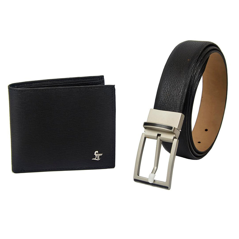 Italian Wood Finish | Genuine Leather Belt & Wallet for Men | Color: Black