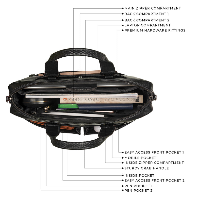 Fortune Series | Leather Portfolio Bag for Men | Single Zipper Laptop Bag | 100% Genuine Leather | Color: Black
