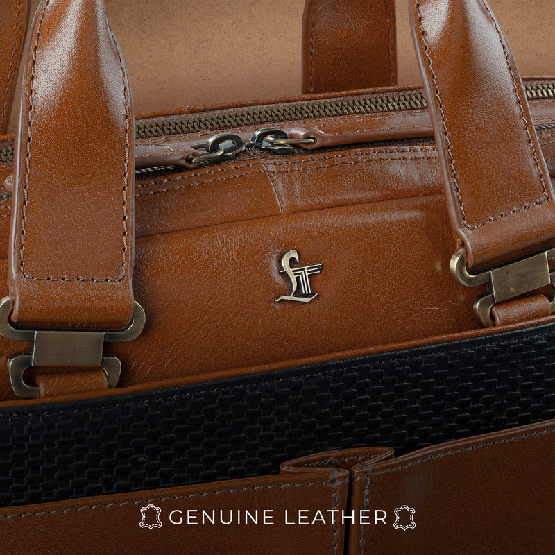 Fortune Series | Leather Portfolio Bag for Men | Double Zipper Laptop Bag | 100% Genuine Leather | Color: Tan
