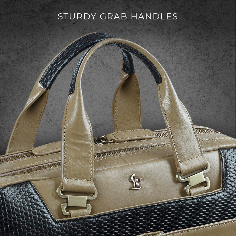 Fortune Series | Leather Portfolio Bag for Men | Double Zipper Laptop Bag | 100% Genuine Leather | Color: Beige