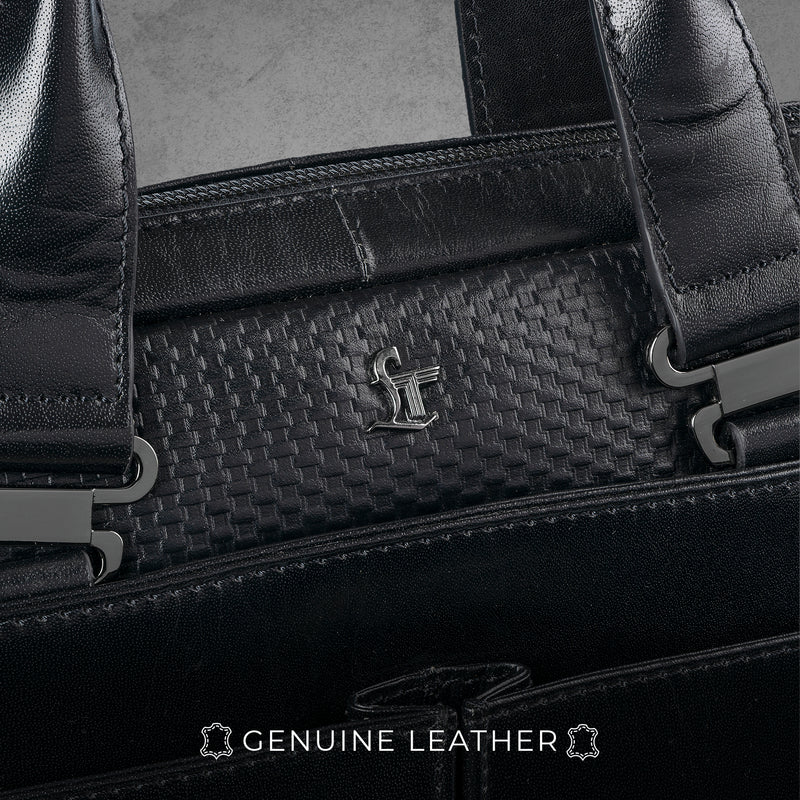 Fortune Series | Leather Portfolio Bag for Men | Single Zipper Laptop Bag | 100% Genuine Leather | Color: Black