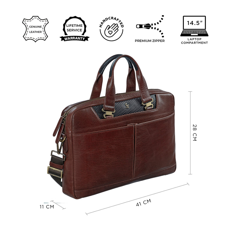 Fortune Series | Leather Portfolio Bag for Men | Single Zipper Laptop Bag | 100% Genuine Leather | Color: Cherry