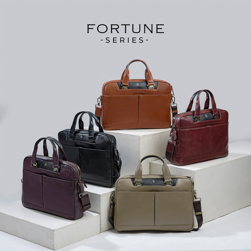Fortune Series - Leather Portfolio Bag for Men | Laptop Bag | Office Bag | 100% Genuine Leather | Color: Tan, Red & Beige