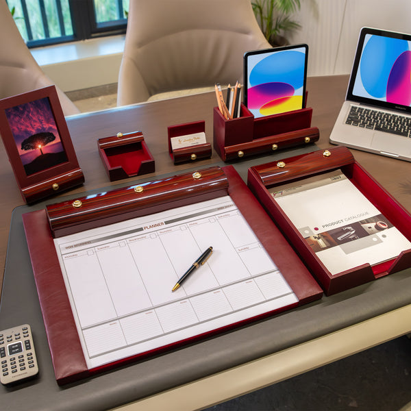 Wood Leather Desktop Planner Set III | Color - Cherry Cherry