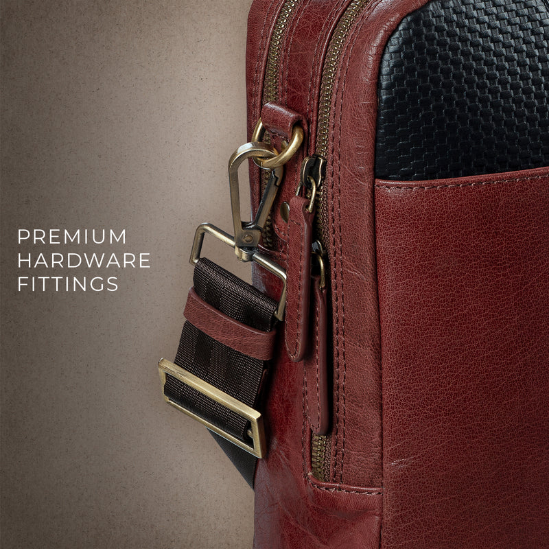 Fortune Series | Leather Portfolio Bag for Men | Double Zipper Laptop Bag | 100% Genuine Leather | Color: Cherry