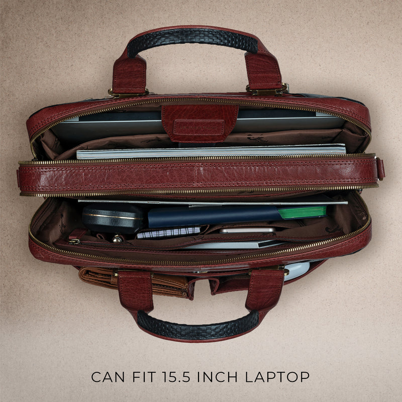 Fortune Series | Leather Portfolio Bag for Men | Double Zipper Laptop Bag | 100% Genuine Leather | Color: Cherry