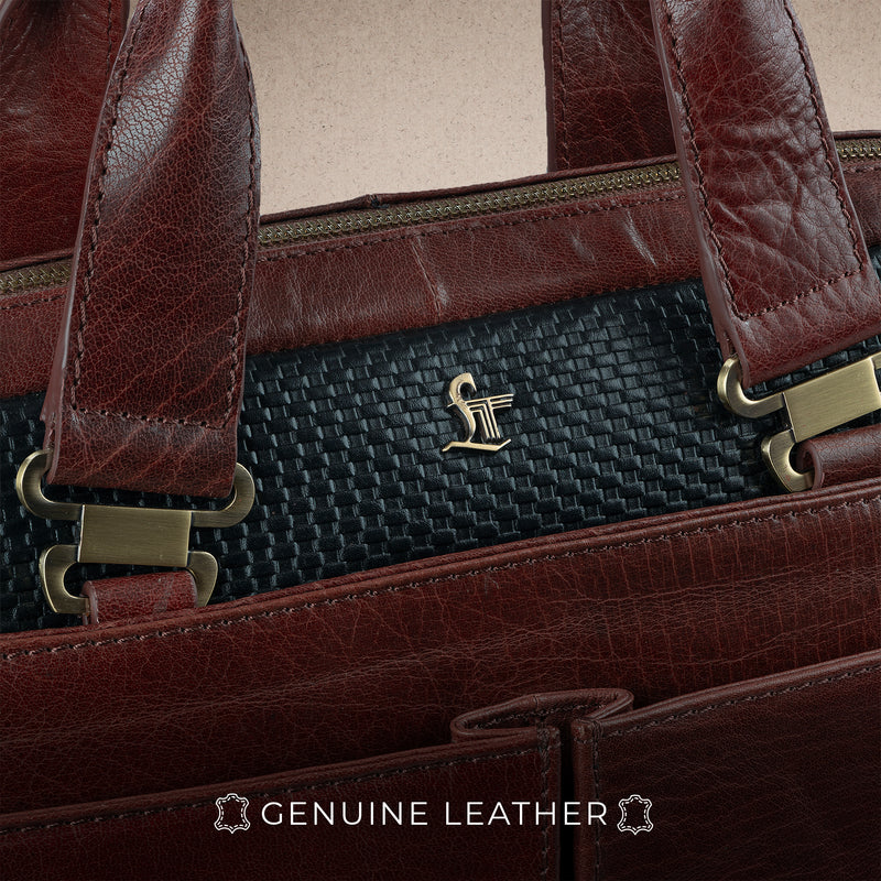 Fortune Series | Leather Portfolio Bag for Men | Single Zipper Laptop Bag | 100% Genuine Leather | Color: Cherry