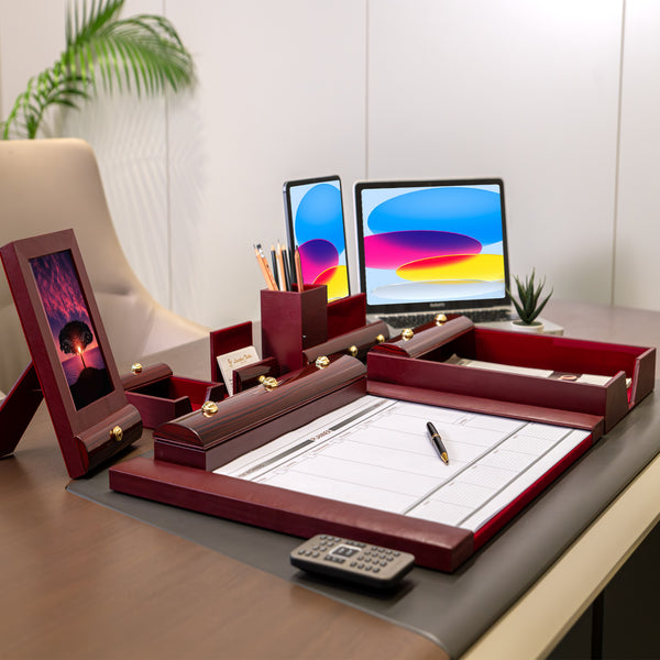 Wood Leather Desktop Planner Set I Color - Cherry Cherry