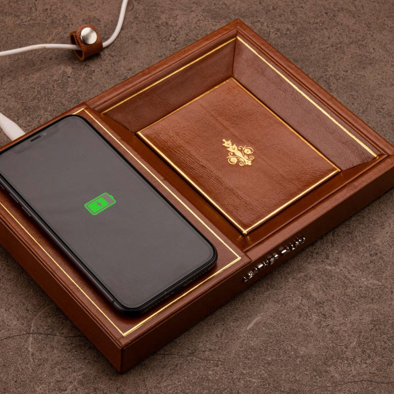 Leather Smart Valet Tray With Wireless Charging | Color: Tan