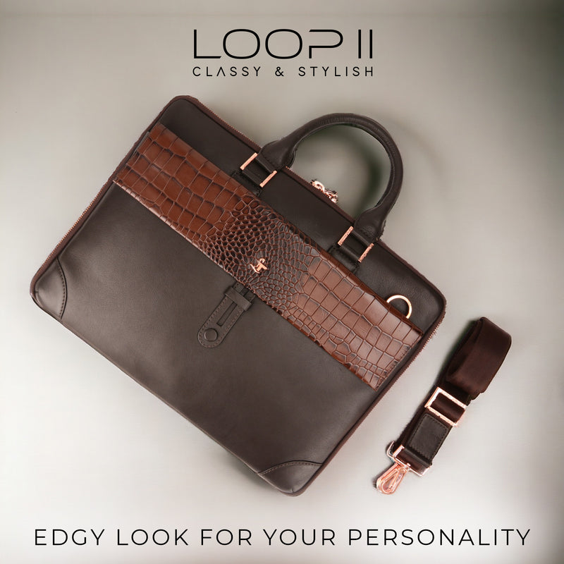 Ready to Ship Luxury Corporate Gift |  Loop II Rose Gold Fitting Leather Laptop Bag for Men | Brown