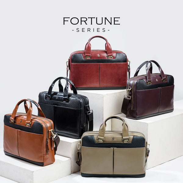 Fortune Series - Leather Portfolio Bag for Men | Single Zipper Laptop Bag | 100% Genuine Leather | Color: Brown & Black
