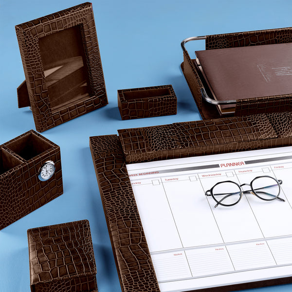 Corporate New Year Gift | Desktop Planner Set I | Office Table Accessories| Croco Embossed Genuine Leather | Color- Brown