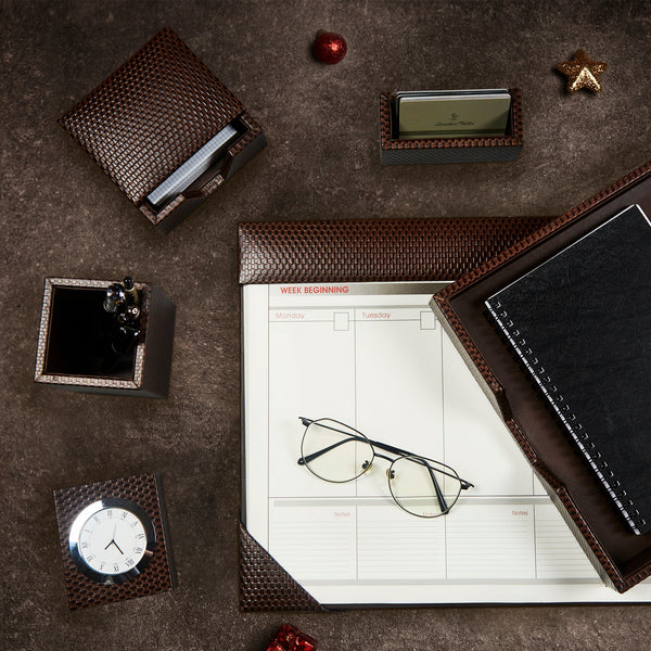 Corporate New Year Gift | Desktop Planner Set II | Office Table Accessories | Embossed Genuine Leather | Color- Brick Brown