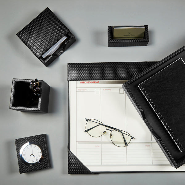 Desktop Planner Set II | Office Table Accessories | Embossed Genuine Leather | Color- Brick Black