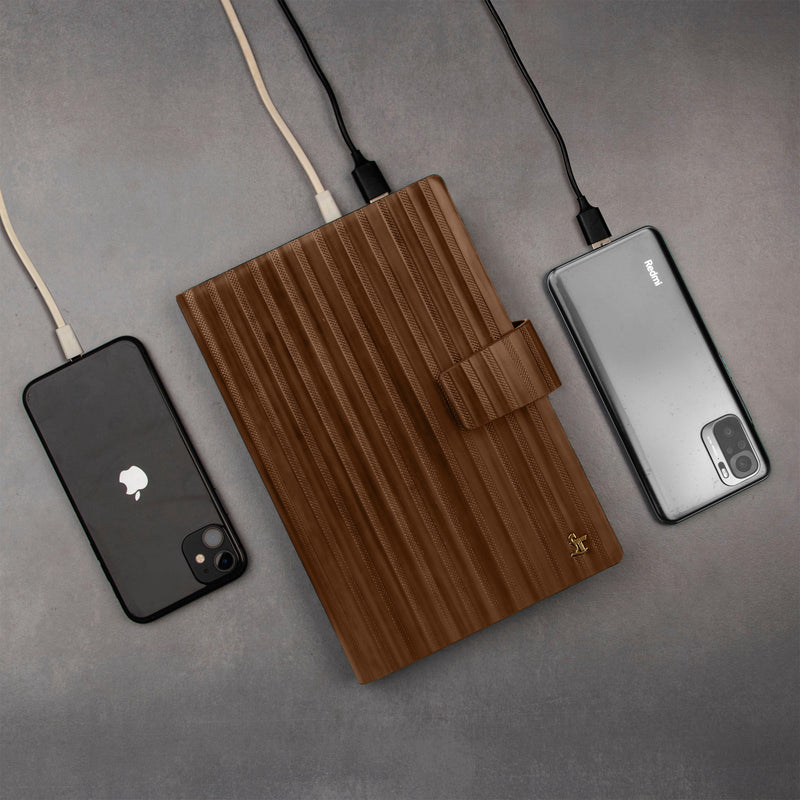 LT Smart Leather Notebook with Power Bank (5000 mAh) | Diary with Power Bank | Color: Italian VT Stripe Brown