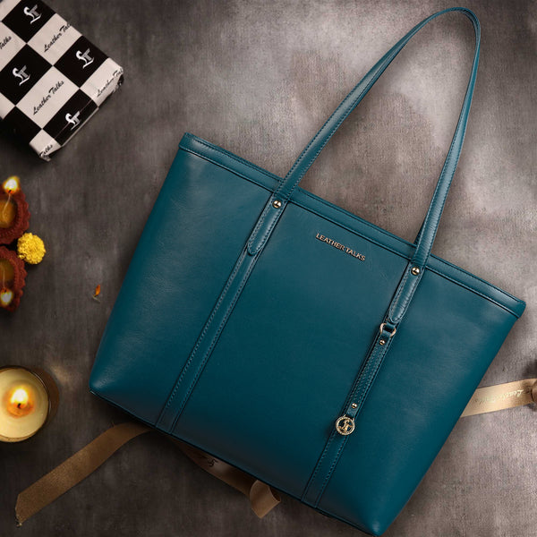 Luxury Corporate Diwali Gift - Elegant Tote Bag For Woman | Genuine Leather Handbag for Ladies | Ideal For Office & Travel | Color: Teal Blue