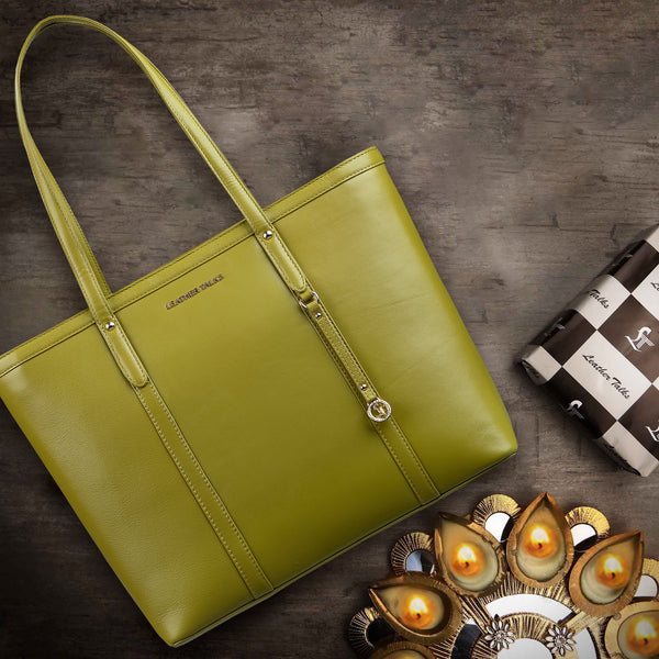 Luxury Corporate Diwali Gift | Elegant Tote Bag For Woman |Genuine Leather Handbag for Ladies | Ideal For Office & Travel | Color: Lemon Green