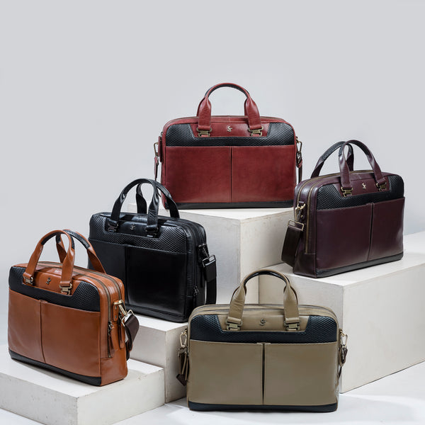 Fortune Series | Leather Portfolio Bag for Men | Double Zipper Laptop Bag | 100% Genuine Leather | Color: Tan, Red & Beige