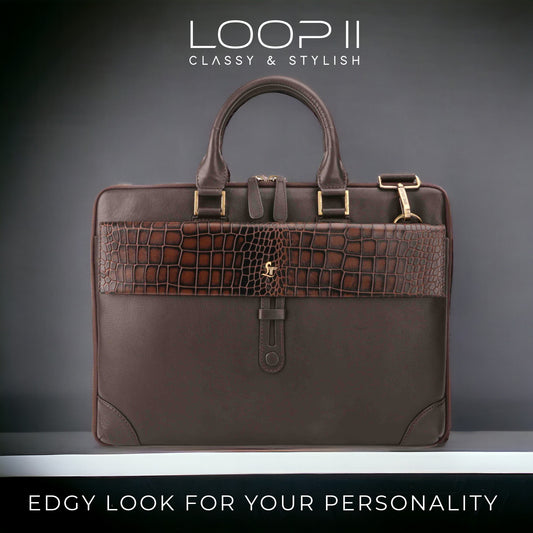 Deepcut Croco Loop II | Genuine Leather Laptop Bag for Men | Folio Bag | Office Bag |Black & Brown