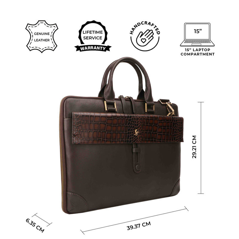 Loop II Pure Leather Laptop Bag for Men | Folio Bag | Deep cut Croco Embossed Genuine Leather | Office Bag | Brown & Black