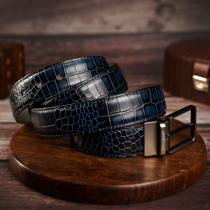 Deepcut Croco Belt | Pure Leather Belt for Men | 100% Genuine Leather | Lifetime Warranty | Color: Blue