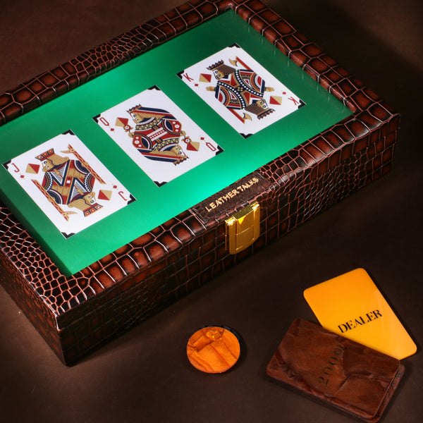 Deep Cut Blue Croco Leather Poker Box | 100% Genuine Leather | Color: Tan